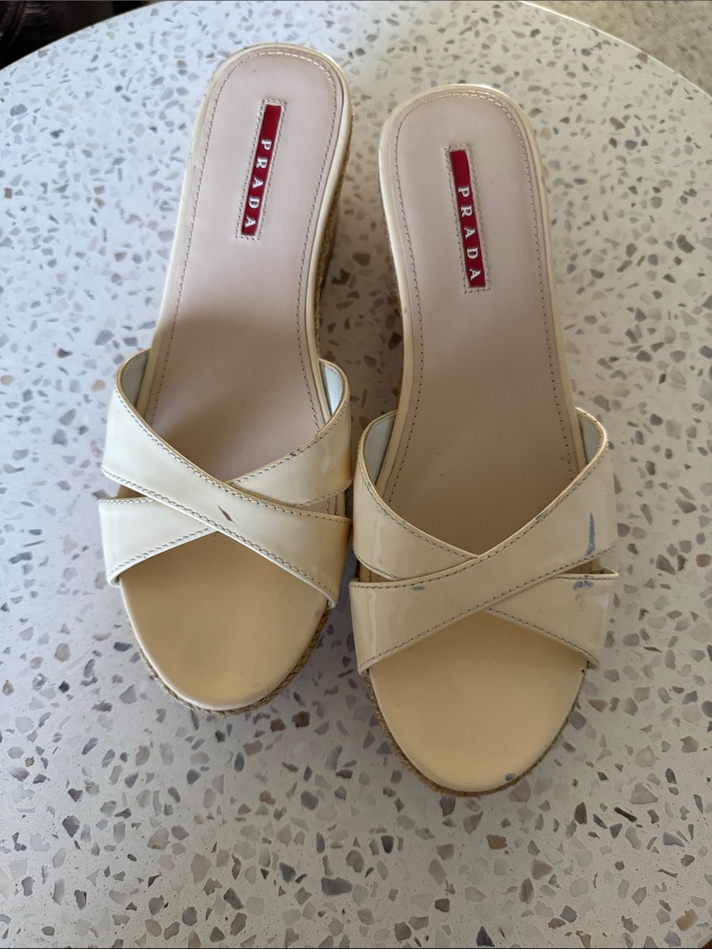 Prada Vernice Bianco patent leather cork sandals